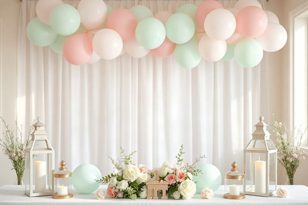 Decoración de bautizo en tonos pastel